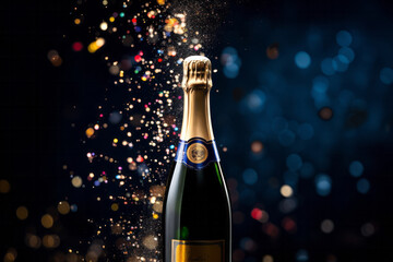 A celebration bottle of champagne with gold sparkling glitter confetti