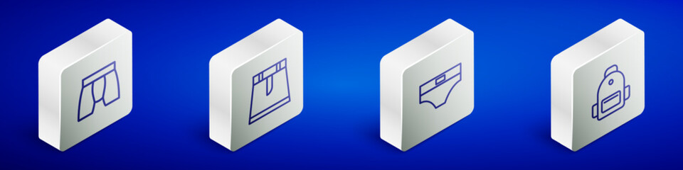 Set Isometric line Men underpants, Skirt, and School backpack icon. Vector