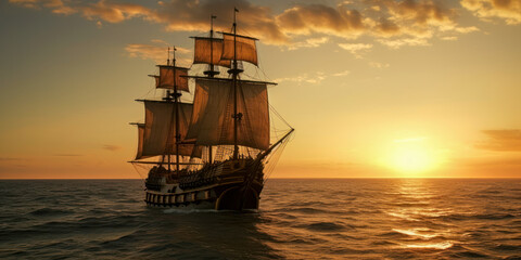 Spanish galleon from the 17th century, sailing into the sunset. Generative AI. - obrazy, fototapety, plakaty
