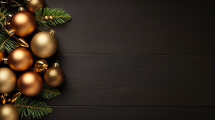 Fototapeta premium Beat see photo of green brown brilliant christmas tree balls and brilliant takes off on confined brown foundation