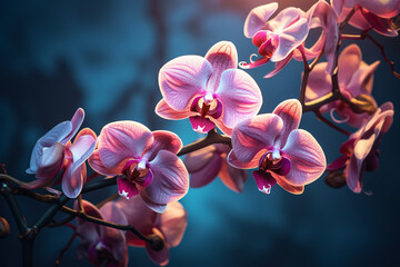 Pink orchid flower on blue background