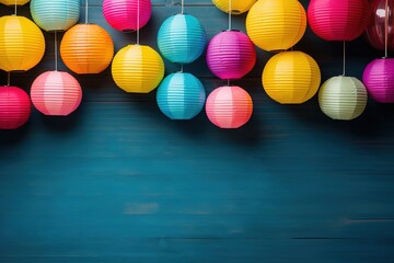 Colorful paper lanterns over wooden blue background with copy space for text