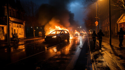 Burning car on the street at night in Brno, Czech Republic. Disorders, protests in Europe. Smoke and flames all around. Dispersal of demonstrations, patrolling during riots. Clashes on streets. - obrazy, fototapety, plakaty