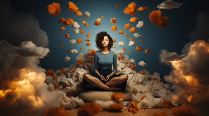Young woman meditating in lotus pose surrounded by surreal clouds and smoke levitate. - obrazy, fototapety, plakaty