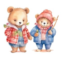 set Funny love bears valentines day of watercolors on white background