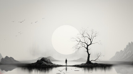 Digital art painting of a lonely man standing at the edge of a lake. - obrazy, fototapety, plakaty