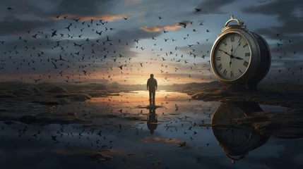 Foto op Canvas A reflection of time that flies away from human life like a bird. Generative AI © Hokmiran