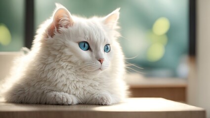 white cute cat on the table and window in background with blue eyes - Powered by Adobe