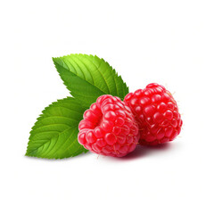 Raspberry isolated. Raspberries with leaf isolate. Raspberry with leaf isolated on white. Side view...