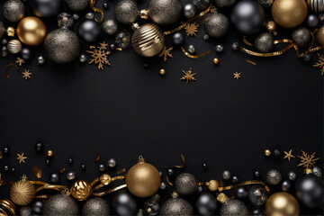 black and gold christmas decorations background, new year background with gold balls and decorations on the black background  - obrazy, fototapety, plakaty
