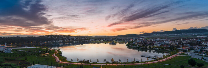 Albania Belsh city east view , beautifully sky and lake in afternoon in Blesh city, panoramic view 