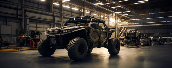 Military ATV parked inside a military hangar. - obrazy, fototapety, plakaty