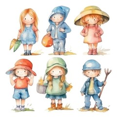 set Funny cute little girls and boys of watercolors on white background