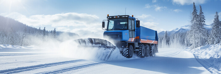 A snowplow removes snow from the road during a winter snowstorm or after a snowfall. The work of city services during a snowstorm and snow removal - obrazy, fototapety, plakaty