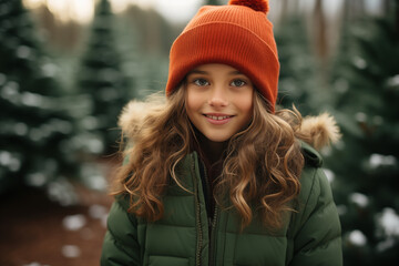 Una belleza rubia con pasamontañas, parada en medio de hileras de árboles de Navidad en una acogedora escena invernal. - obrazy, fototapety, plakaty