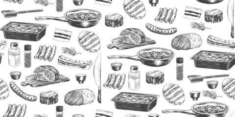 Fotobehang Seamless pattern with kitchen utensils and fried meat. Sketch style roast beef on cutting board. Sausage, speck, steak, lamb ribs. Engraving style baking sheet, frying pan, knife, spice jars on white © Morena