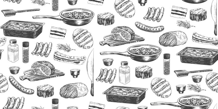 Seamless pattern with kitchen utensils and fried meat. Sketch style roast beef on cutting board. Sausage, speck, steak, lamb ribs. Engraving style baking sheet, frying pan, knife, spice jars on white