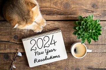 New year resolutions 2024 on desk. 2024 resolutions list with notebook, coffee cup, cute cat on...