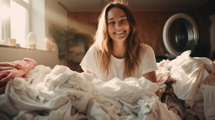 Young woman with clean laundry at home - obrazy, fototapety, plakaty