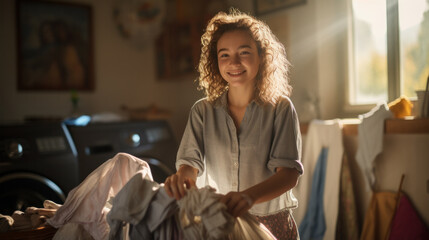 Young woman with clean laundry at home - obrazy, fototapety, plakaty