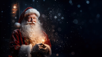Fototapeta na wymiar portrait of a cheerful Santa Claus, new year, christmas, symbol, eve, celebration, holiday, postcard, Saint Nicholas, face, eyes, beard, hat, red suit, snow, lights, magic, fairy tale, black, winter