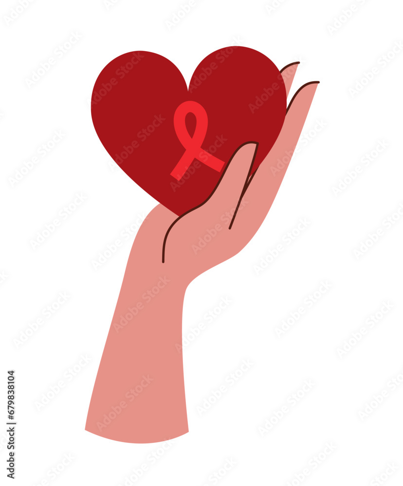 Sticker aids day ribbon in heart with hand lifting