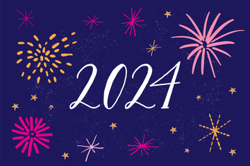 2024 new year, handwritten numbers on dark blue sky background decorated with festive fireworks. Vector greeting banner illustration