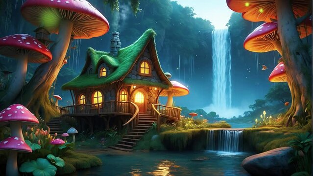 Enchanted forest and mushroom house, a waterfall  down from the mountain