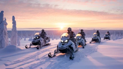 Fotobehang Group of snowmobiles in Lapland, near Saariselka, Finland © Orxan