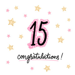 15 years anniversary banner, numbers in pink glitter and golden stars on white background.