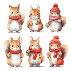 set Funny cute Christmas squirrel and chipmunk of watercolors on white background