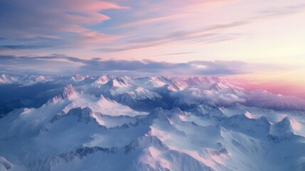 Aerial View from Airplane of Blue Snow Covered Canadian Mountain Landscape in Winter. Colorful Pink Sky Art Render. Tantalus Range near Squamish, North of Vancouver, British Columbia, Canada