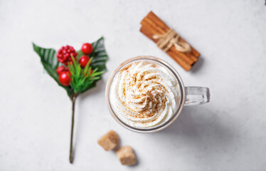Hot dark chocolate cocktail or cocoa with whipped cream for Christmas holidays