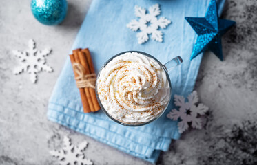 Hot dark chocolate cocktail or cocoa with whipped cream for Christmas holidays