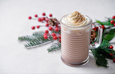 Hot dark chocolate cocktail or cocoa with whipped cream for Christmas holidays