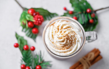 Hot dark chocolate cocktail or cocoa with whipped cream for Christmas holidays