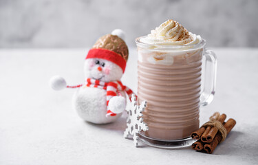 Hot dark chocolate cocktail or cocoa with whipped cream for Christmas holidays