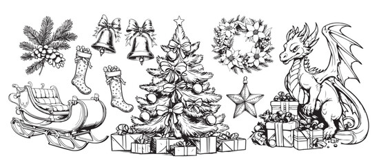 Christmas hand drawn decorations, vector elements. Traditional Christmas symbols truck gifts dragon fir, sock, wreath . Vintage style.