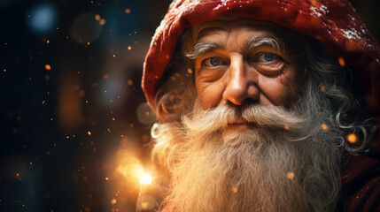 portrait of a cheerful Santa Claus, new year, christmas, symbol, eve, celebration, holiday, postcard, Saint Nicholas, face, eyes, beard, hat, red suit, snow, lights, magic, fairy tale, black, winter