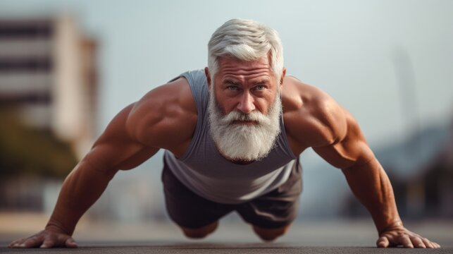 An old man with a white beard doing push ups, AI
