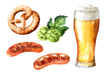Glass of beer with Bavarian pretzel and  sausages set, Octoberfest concept. Hand drawn watercolor illustration isolated on white background - obrazy, fototapety, plakaty