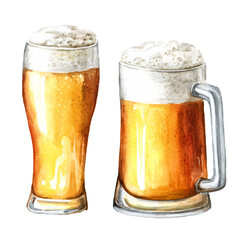 Light beer glass and mug set, Hand drawn watercolor illustration isolated on white background - obrazy, fototapety, plakaty
