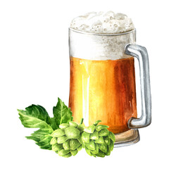 Mug of Light beer and Fresh green hops. Hand drawn watercolor illustration isolated on white background