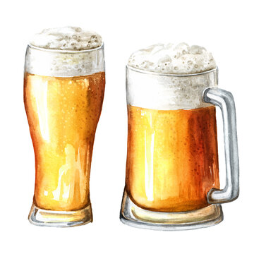 Light beer glass and mug set, Hand drawn watercolor illustration isolated on white background