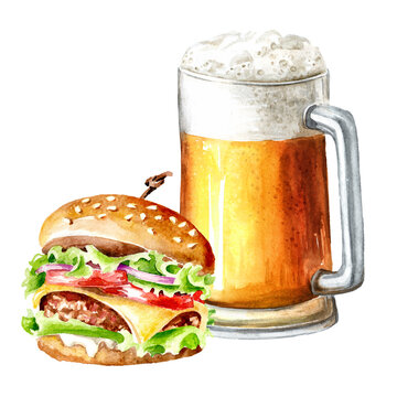 Mug of beer and tasty big burger, Hand drawn watercolor illustration isolated on white background