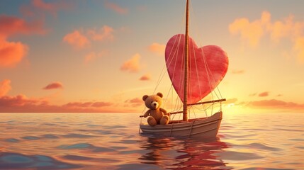 A teddy bear with a heart-shaped sailboat, "Sailing through love."