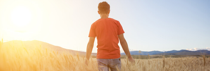 man walks in a wheat field