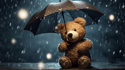A teddy bear with a heart-shaped umbrella, "You're my shelter in the storm."