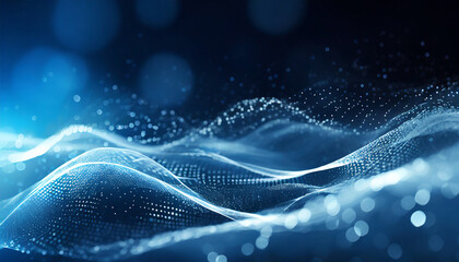 abstract blue color digital particles wave with bokeh and light background