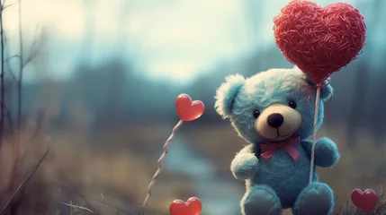 Fotobehang A teddy bear holding a heart-shaped lollipop, "You're so sweet." © insta_photos